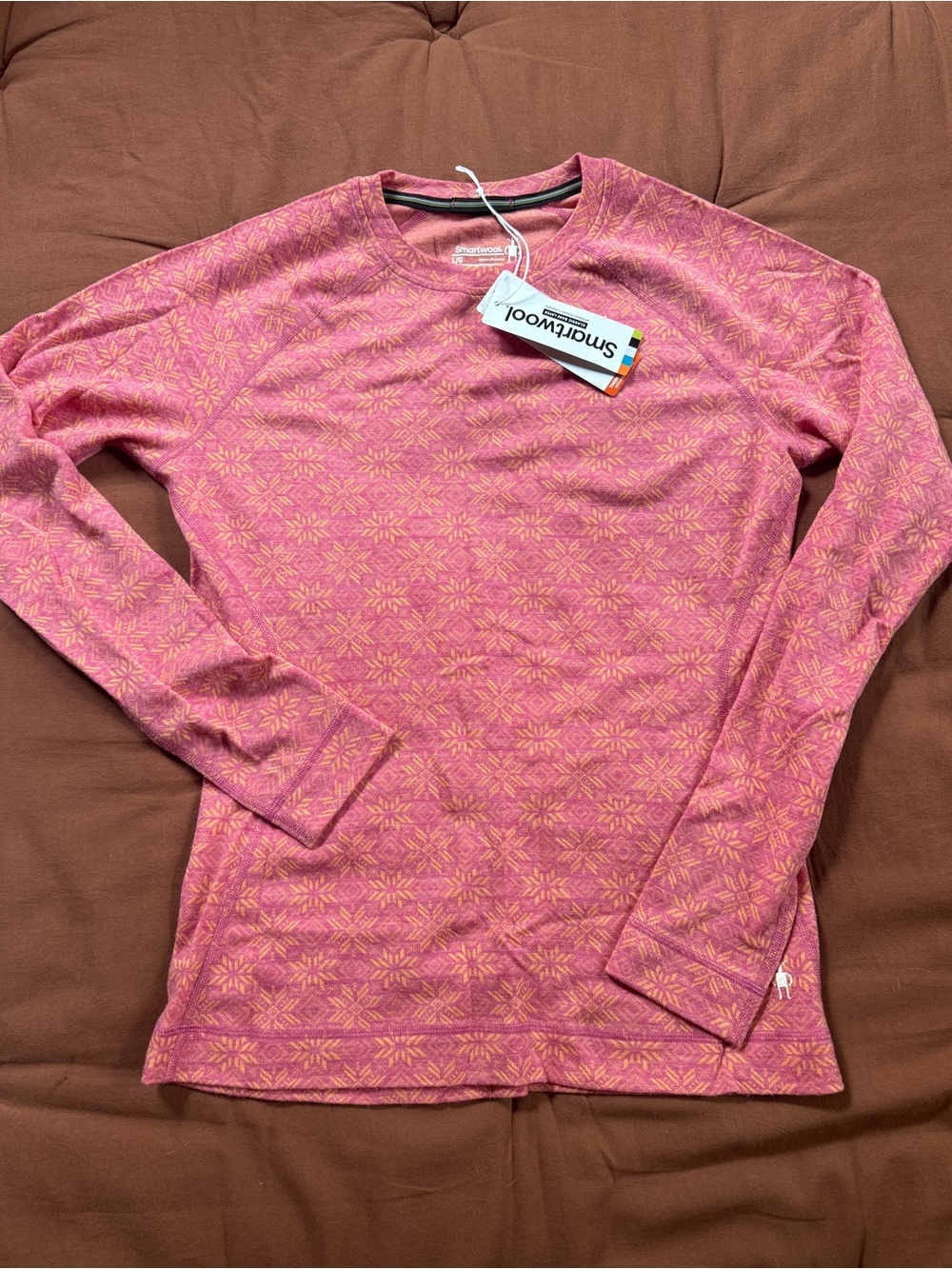 Smartwool thermal base layer crew neck snowflake garden pink women’s large NEW